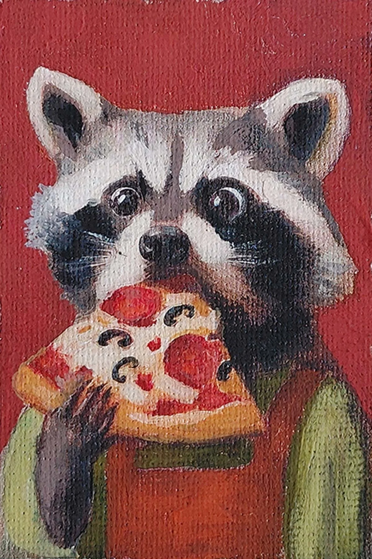 A miniature 6x9 cm custom gouache portrait of a raccoon eating a slice of pizza on a bright red background.
