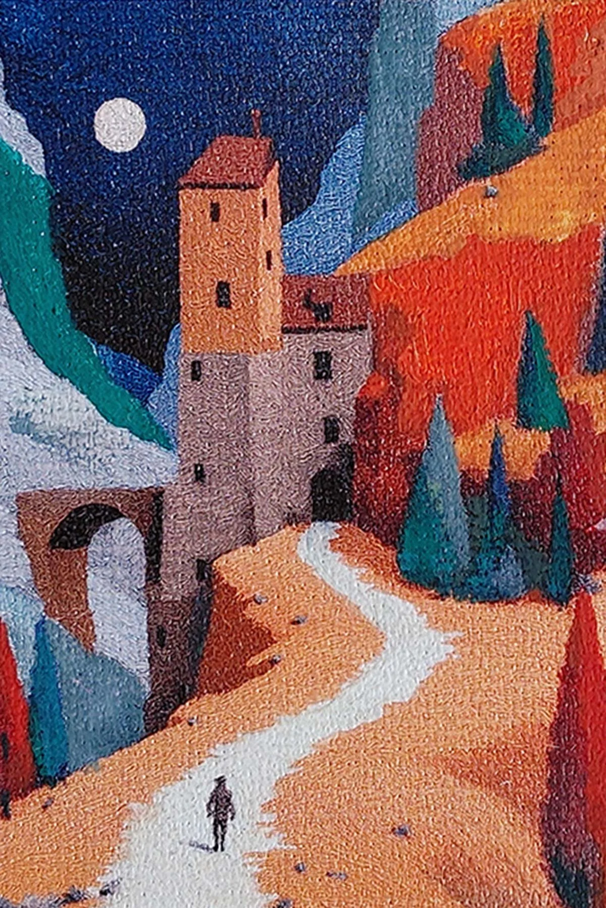 A colorful artistic miniature artwork depiction of a castle in a landscape with trees, a path, and a night sky with a full moon.