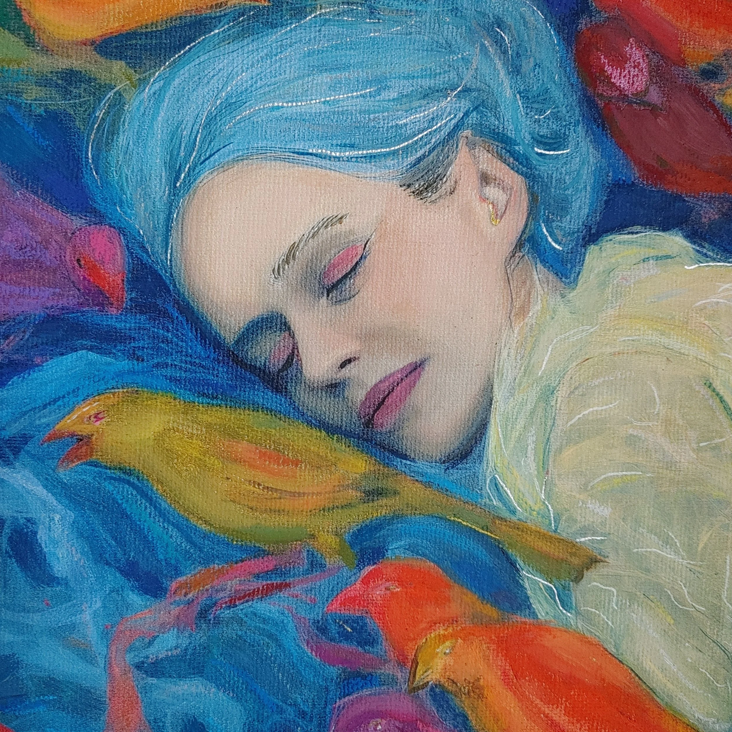 blue hair woman sleeping on the bed with little birds around her