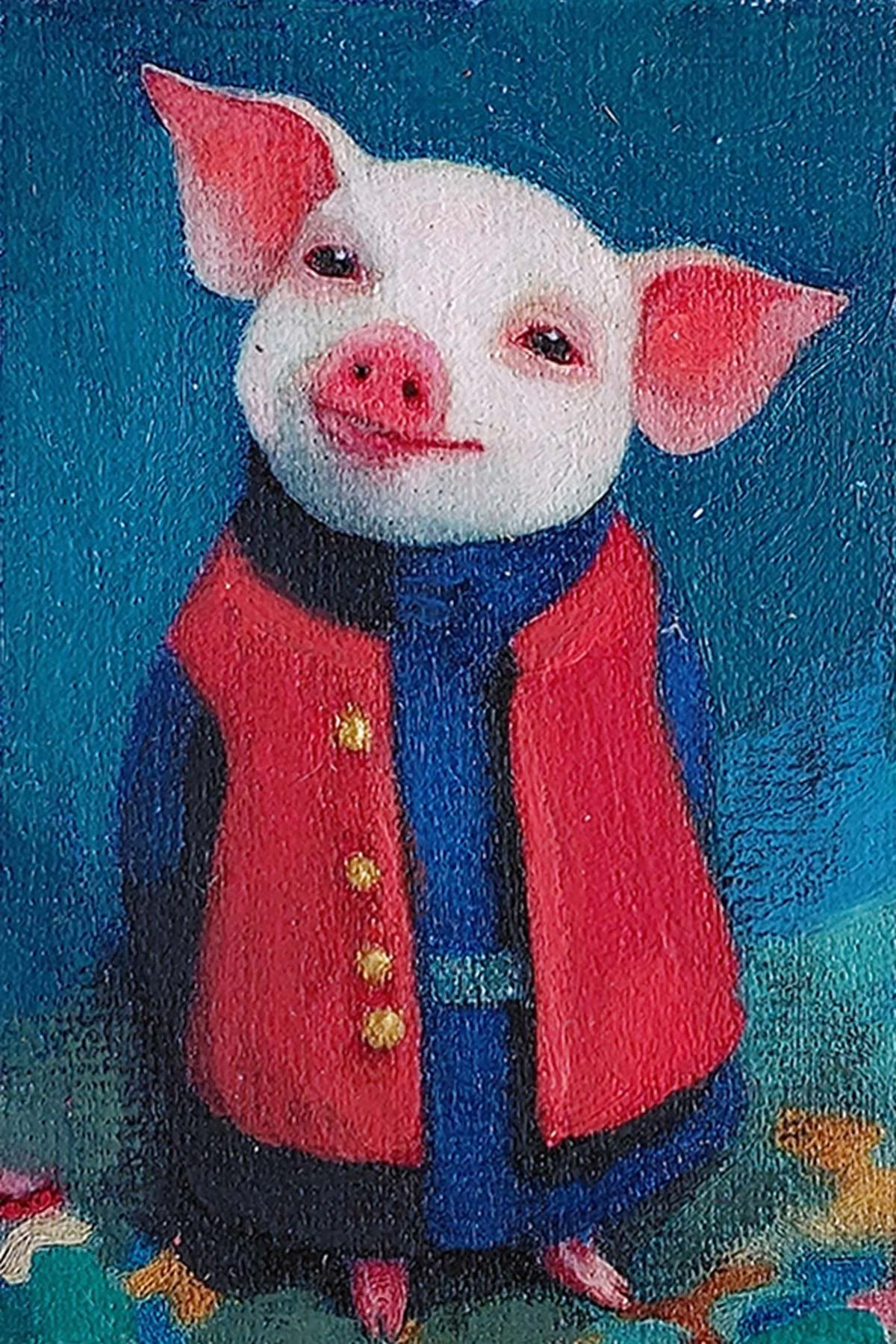 A colorful 6x9 cm gouache miniature painting of a whimsical pig wearing a red and black winter jacket against a blue background.