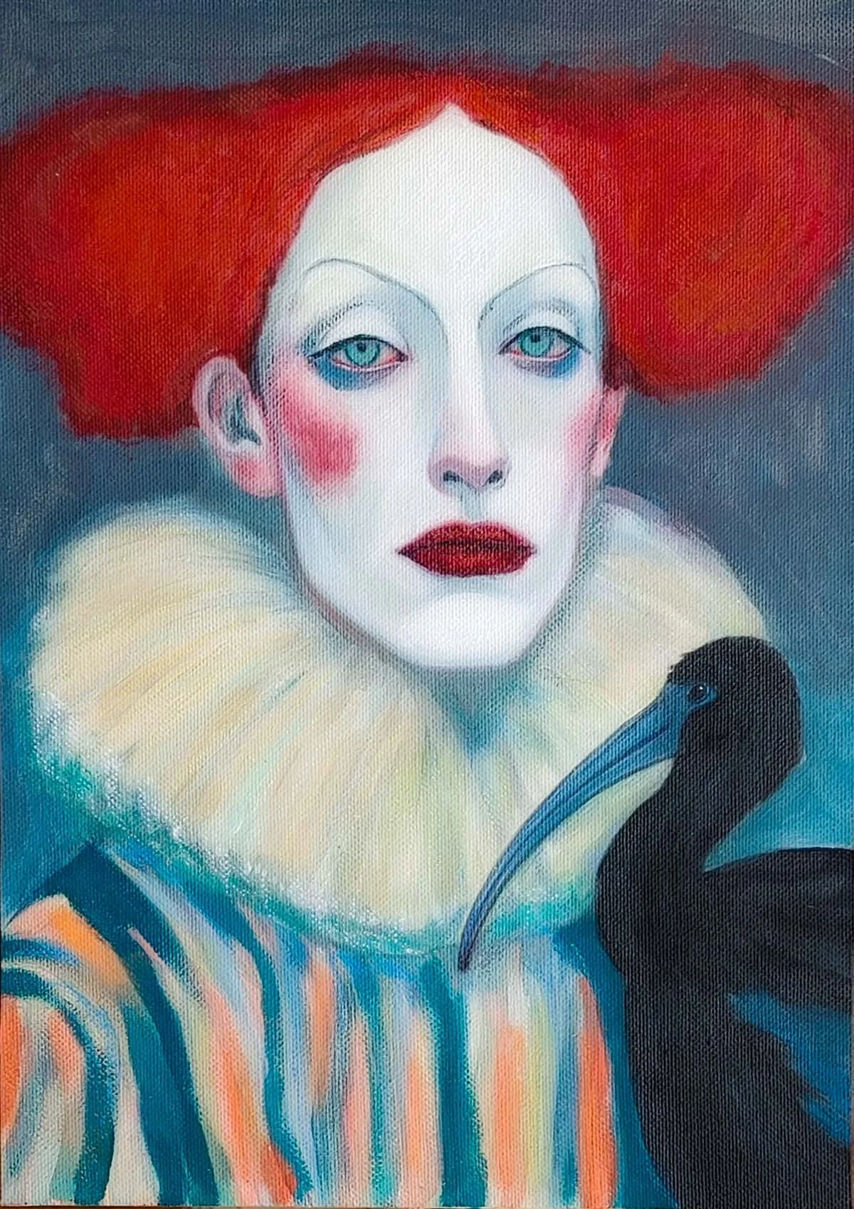 A painting of a female clown with red hair, white face makeup, blue eyes, red cheeks, and red lipstick. She is wearing a colorful striped clown costume with a white ruffled collar. A black stork is standing next to her.