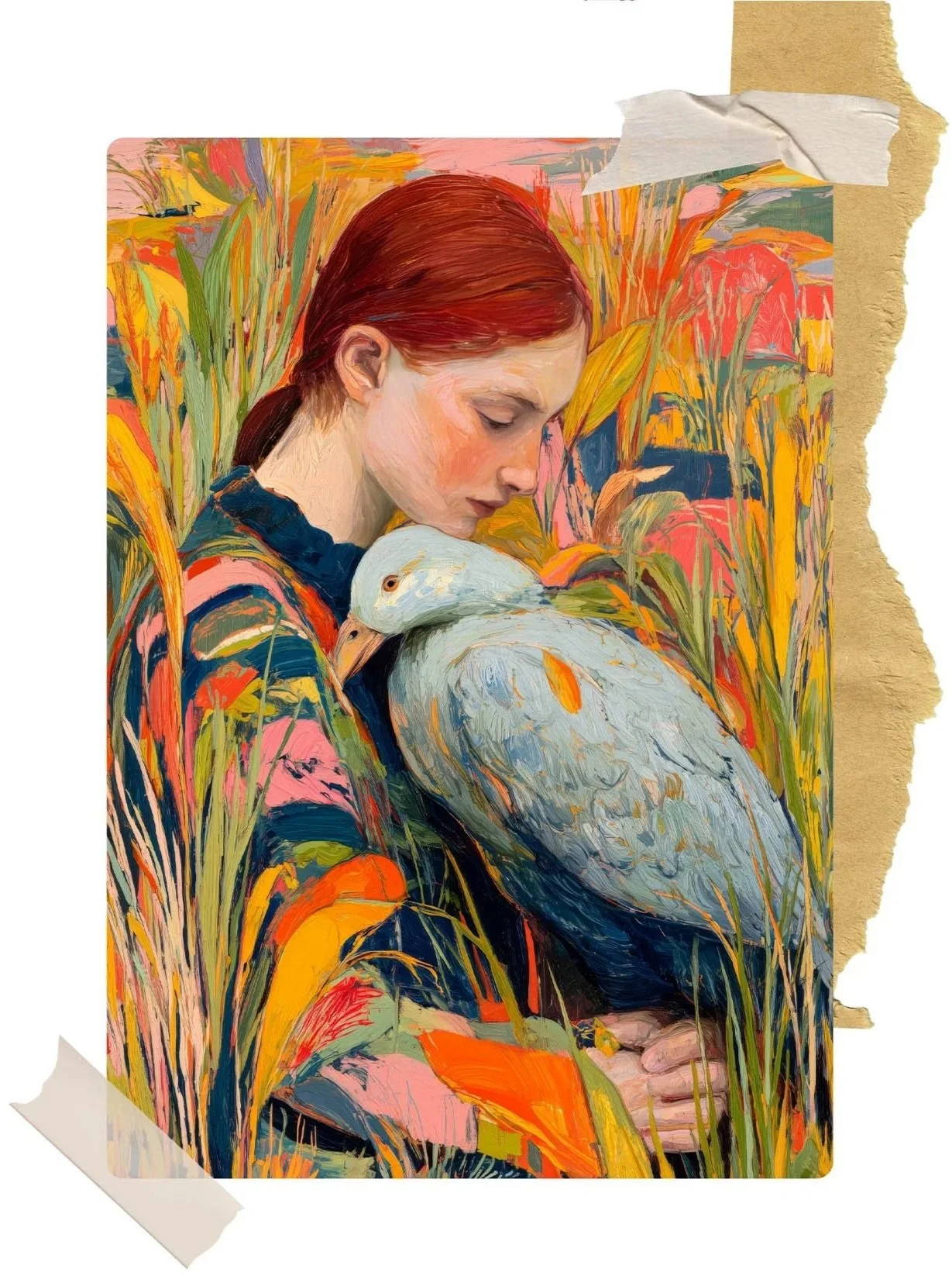 A colorful painting of a woman with red hair holding a white duck against a background of vibrant, abstract foliage.