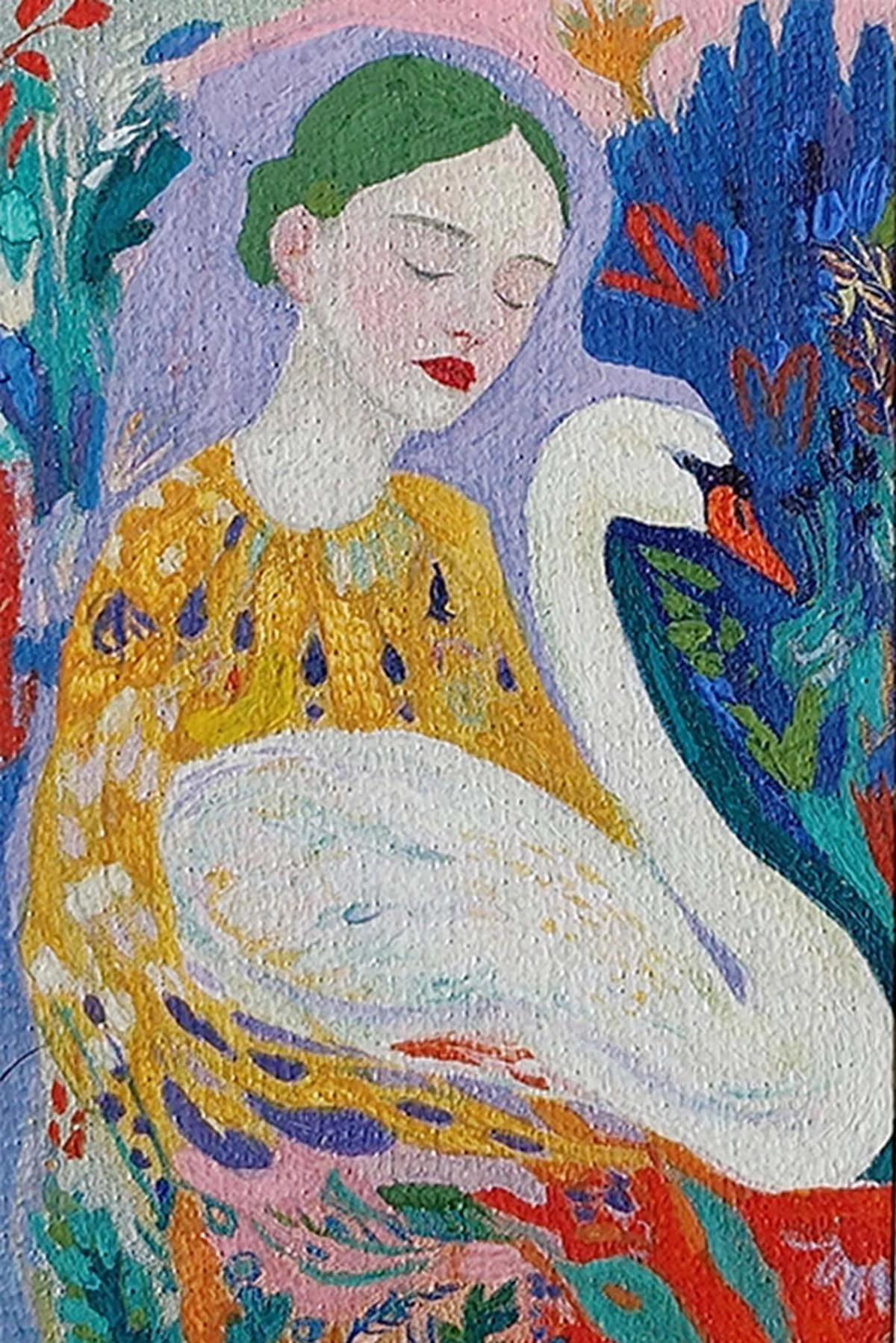 A miniature painting of a woman with closed eyes, green hair, red lips, and a yellow dress surrounded with a white swan by colorful flowers and abstract patterns.