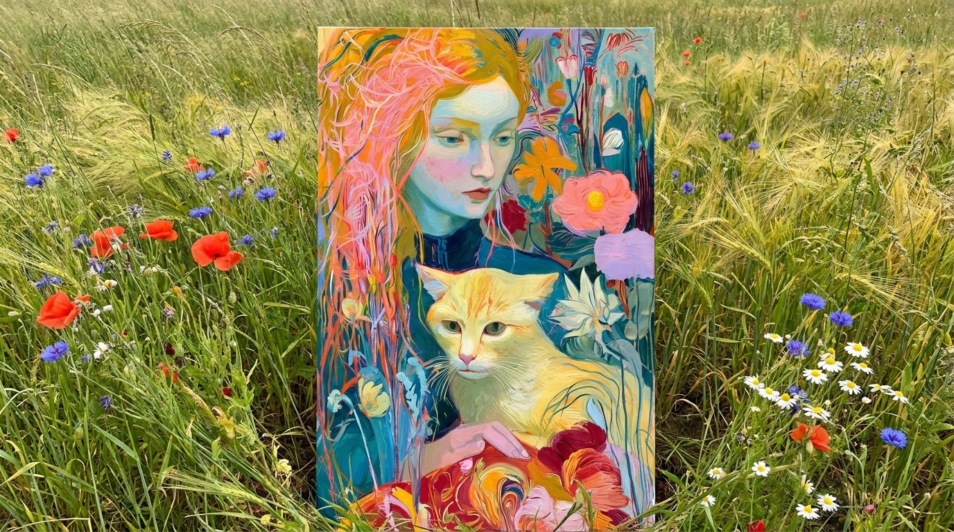 colorful painting of a long hair woman and a yellow cat on the meadow