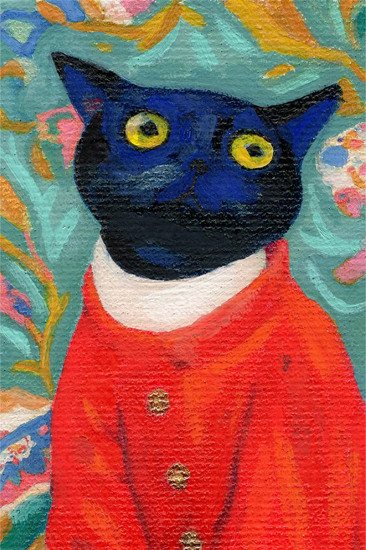 A colorful 6x9 cm gouache painting of a black cat with yellow eyes wearing a red coat in a vibrant floral garden.