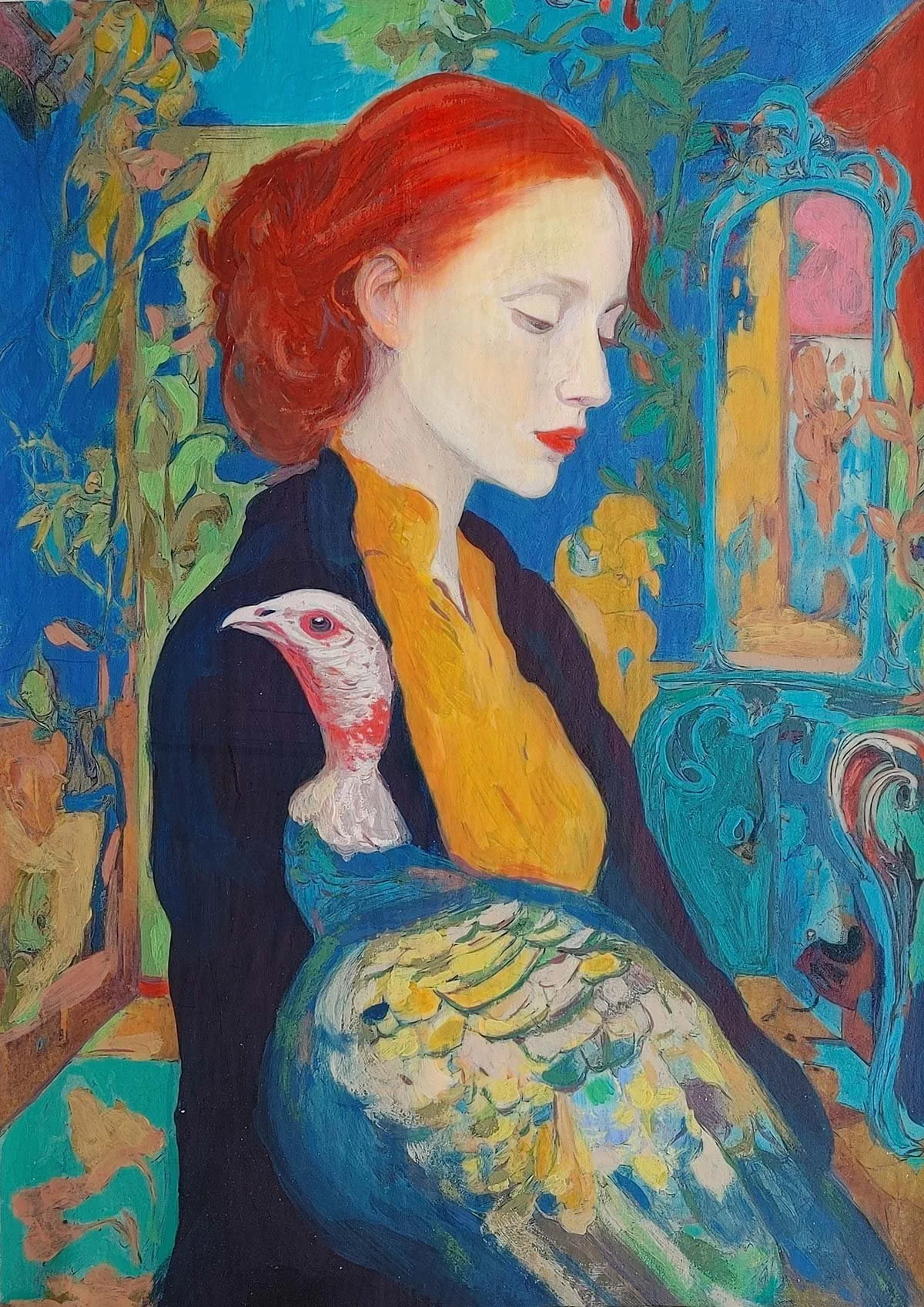 A colorful gouache painting of a pale, red-haired woman holding a peacock in her arms, set against a vibrant blue and turquoise background with decorative interior details.