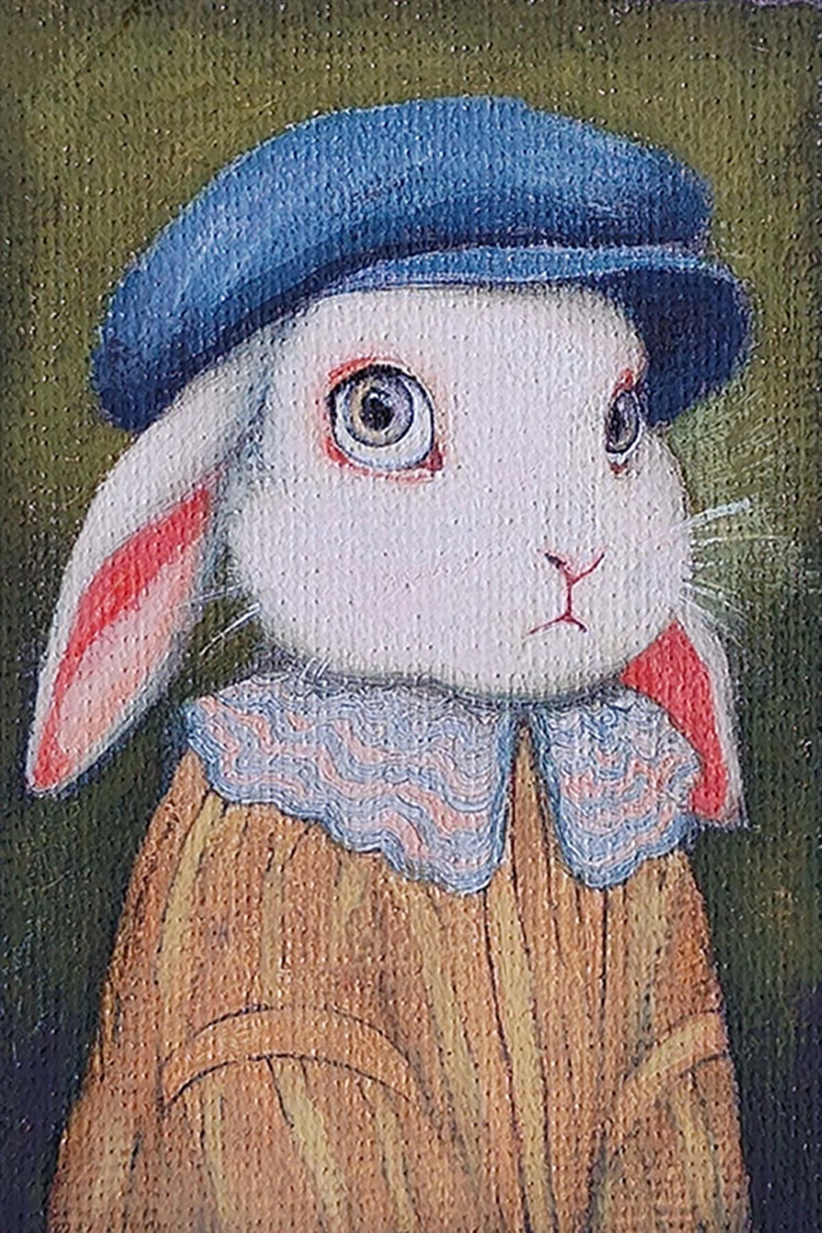 A cute detailed gouache miniature portrait of a white rabbit wearing a blue beret and a brown vintage jacket.