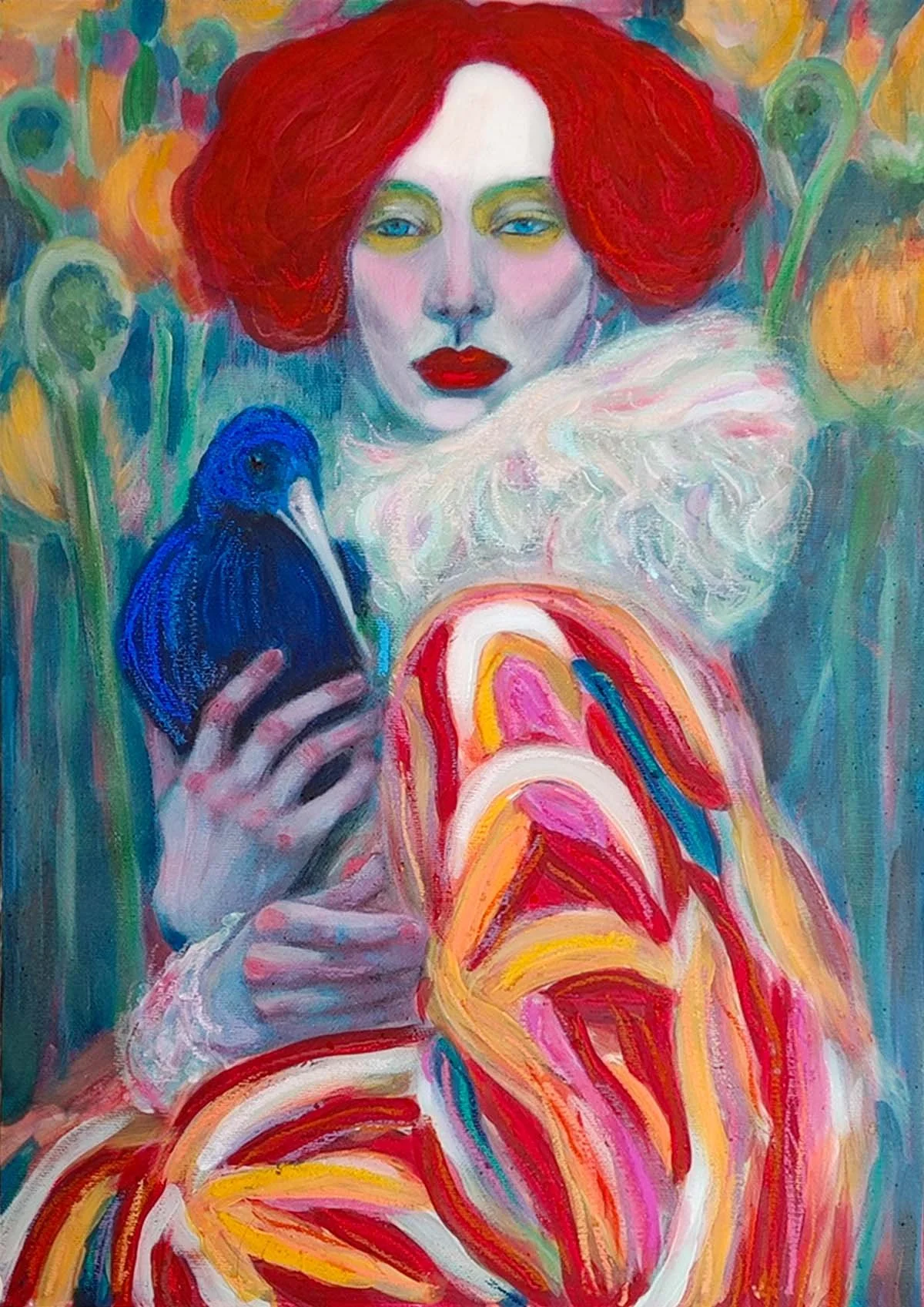 A colorful painting of a woman with red hair and bright red lipstick, holding a blue bird, with a vibrant, swirling background.