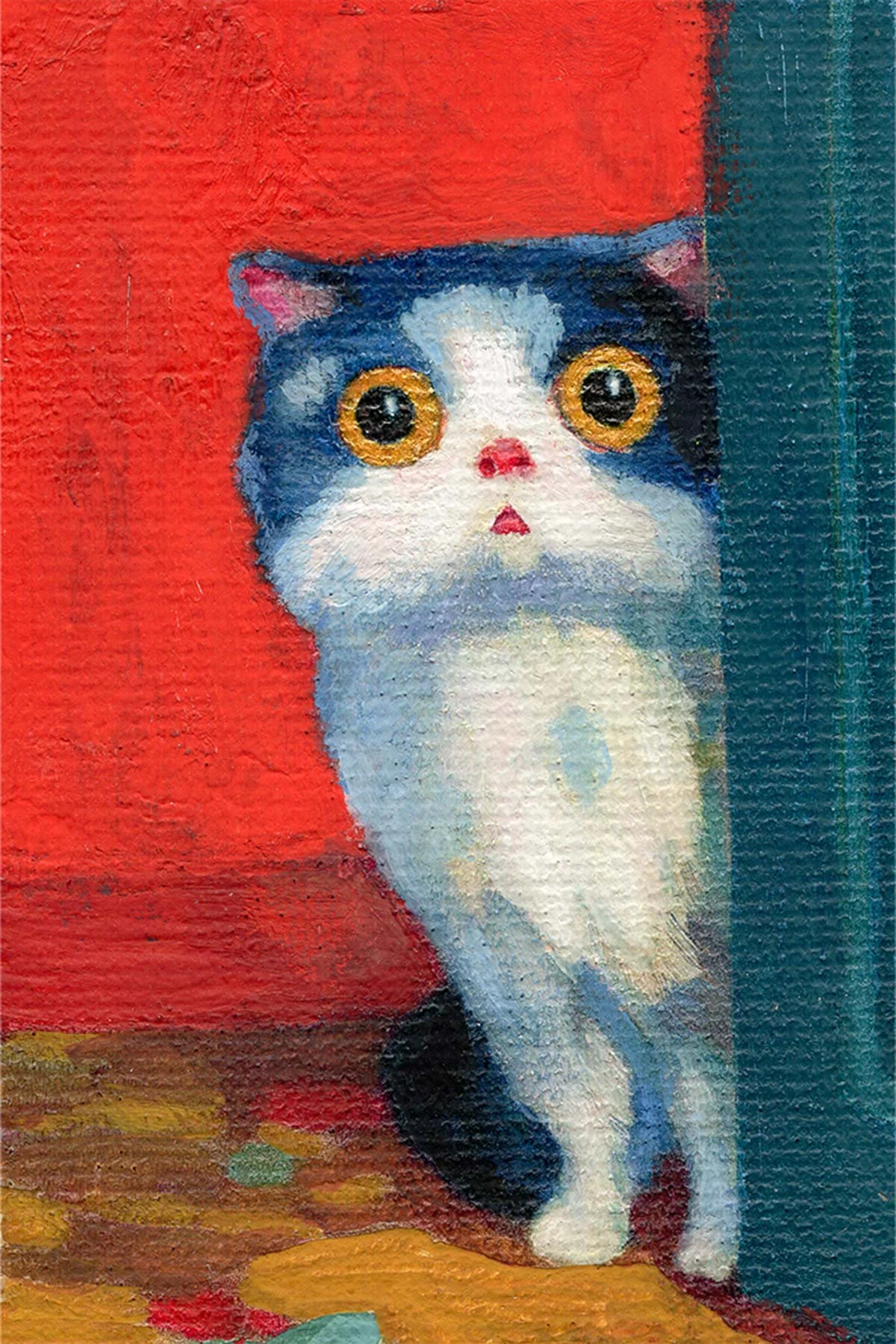A painting of a black and white cat with large yellow eyes, standing against a red and teal background.