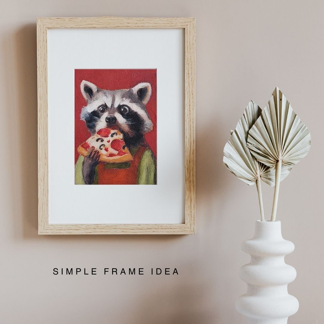 miniature art of cute raccoon eating pizza
