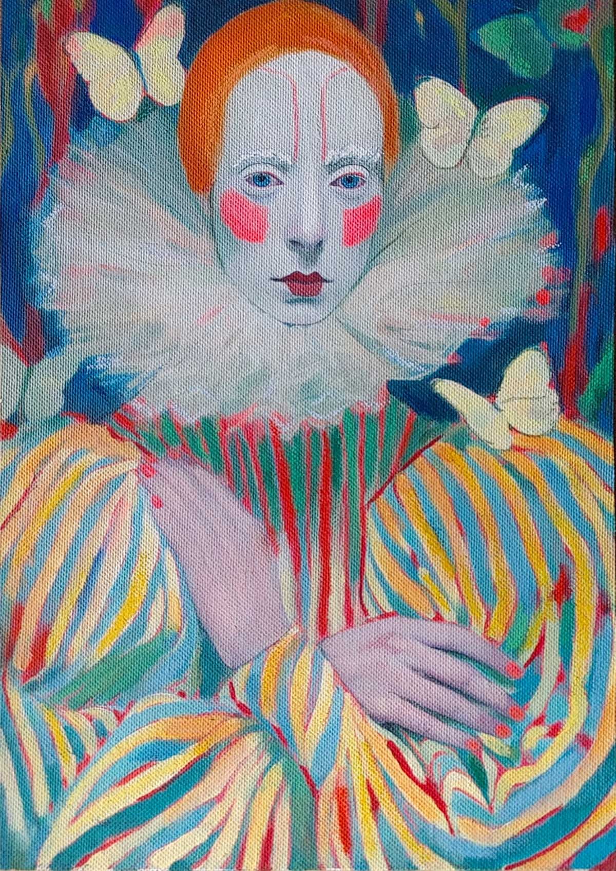 A colorful painting of a woman with clown makeup, wearing a striped shirt, surrounded by butterfly illustrations and floral patterns.