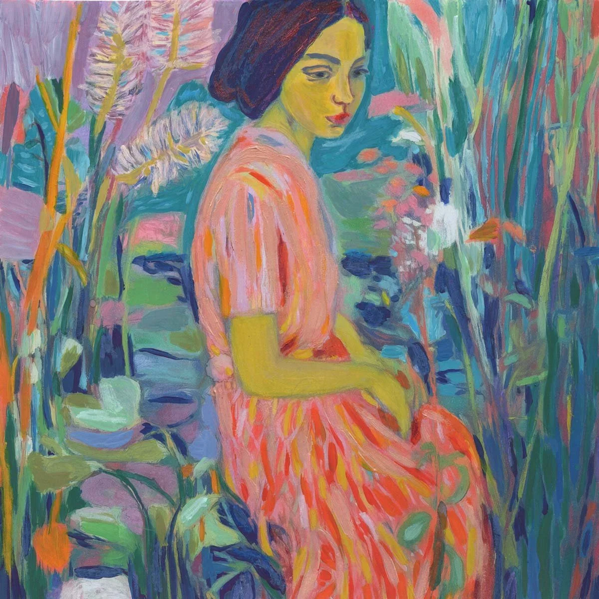Expressive colorful painting of a woman in a pink dress seated in an abstract vibrant garden.