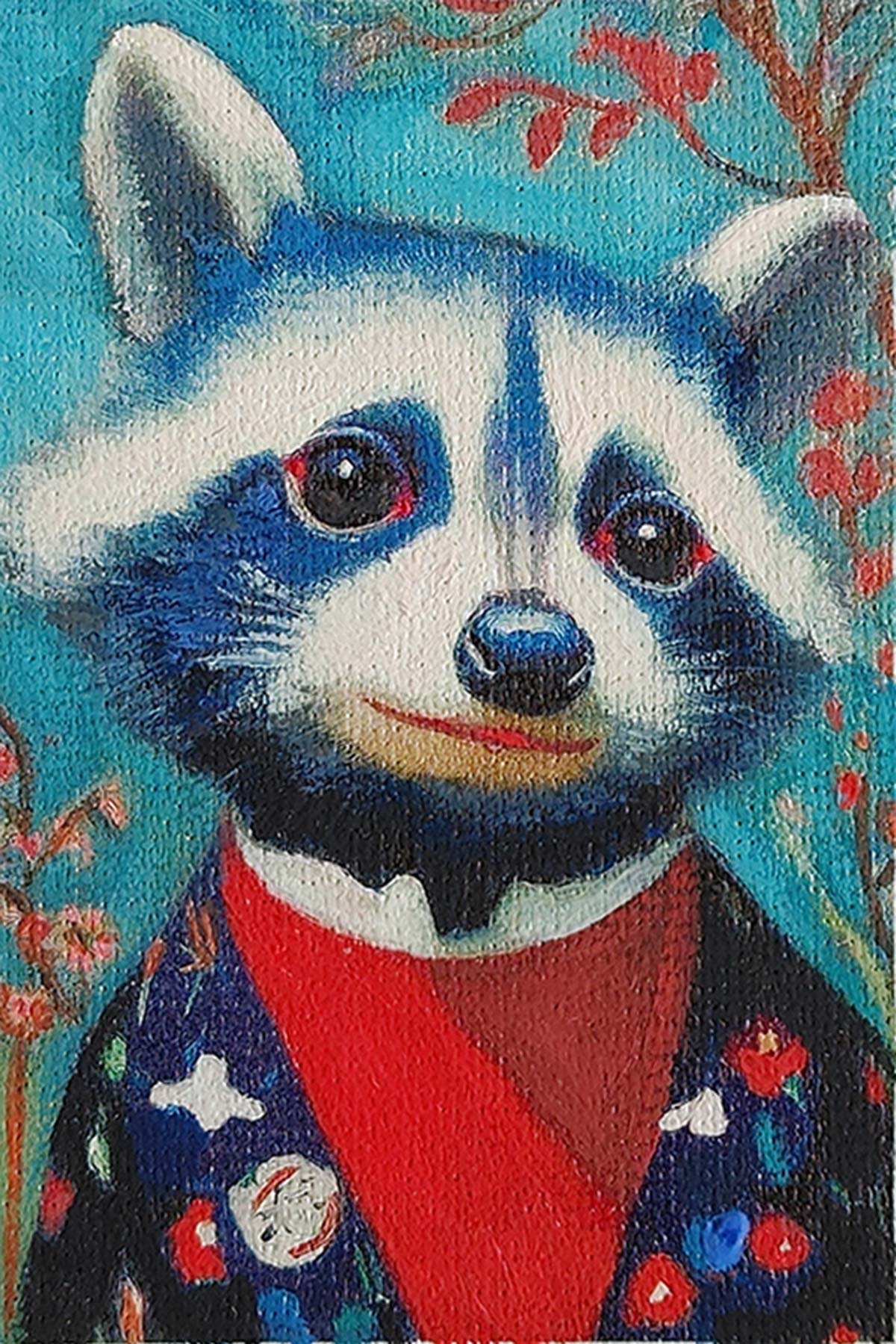 A 6x9 cm gouache miniature painting of a raccoon wearing a blue sailor hat and outfit with red and pink flowers.