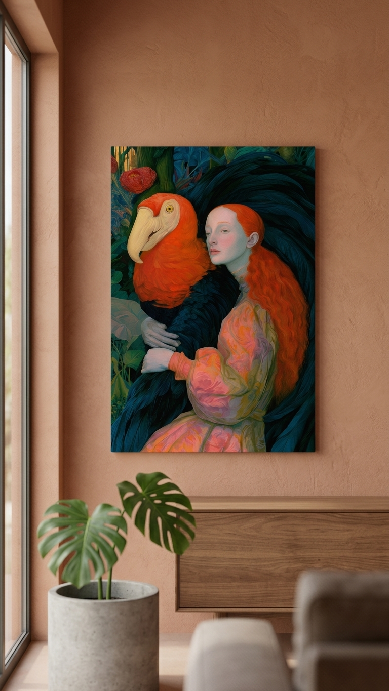 Pre Raphaelite style portrait of a red haired woman and a giant exotic bird by aleksandra ola