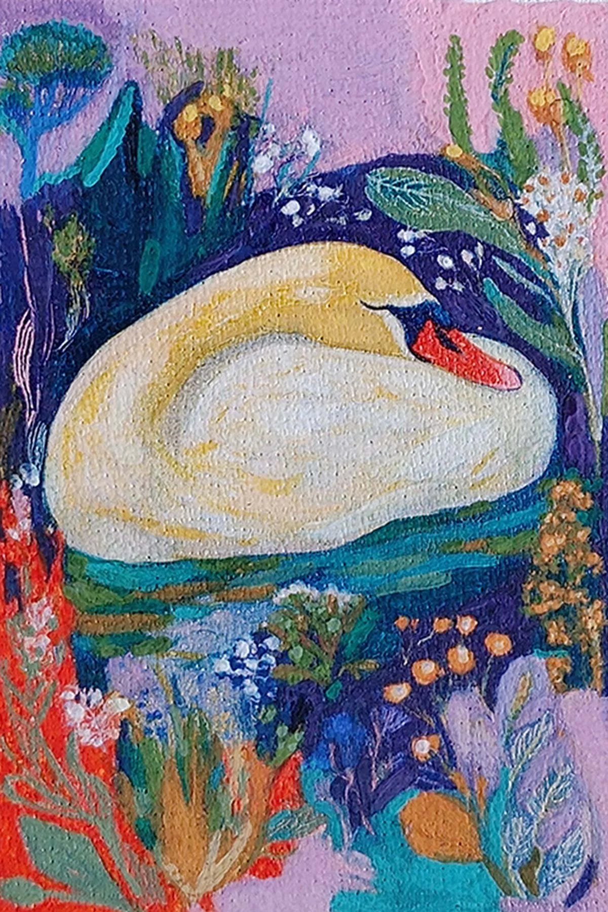 Colorful miniature painting of a sleeping swan on a lake surrounded by various flowers and lush green foliage.