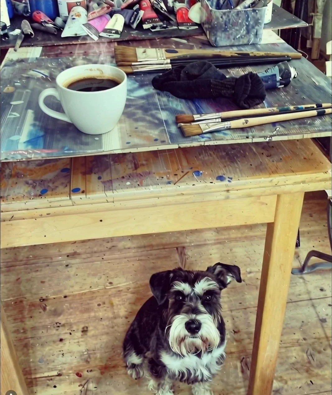 Behind the scenes view of an art studio desk filled with gouache paint tubes, brushes, a coffee mug, and a small black and white dog looking up.