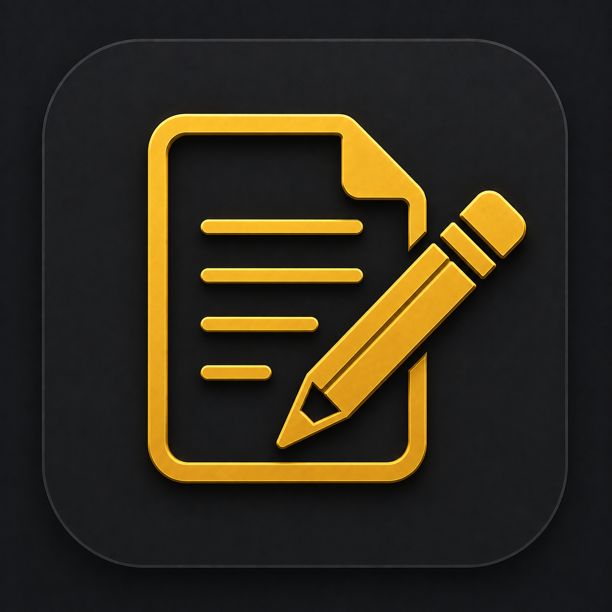Gold icon of a document with lines of text and a pencil, on a dark background.