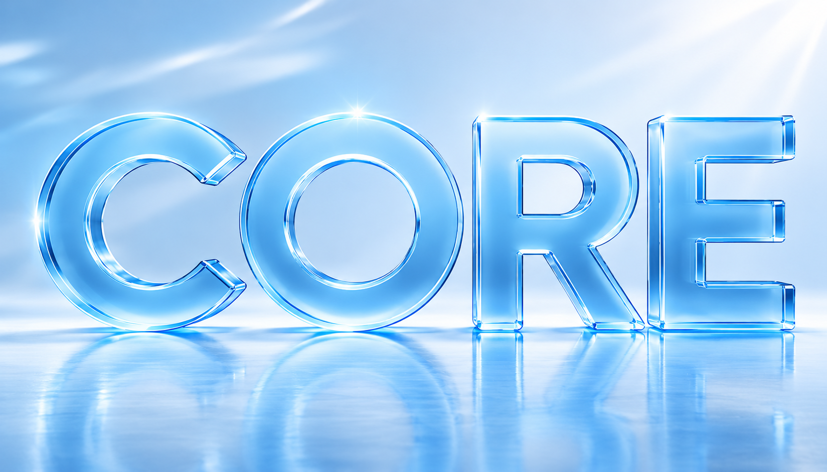 Bright blue neon-style letters spelling 'CORE' against a sky with clouds and sunlight, reflecting on a glossy surface.