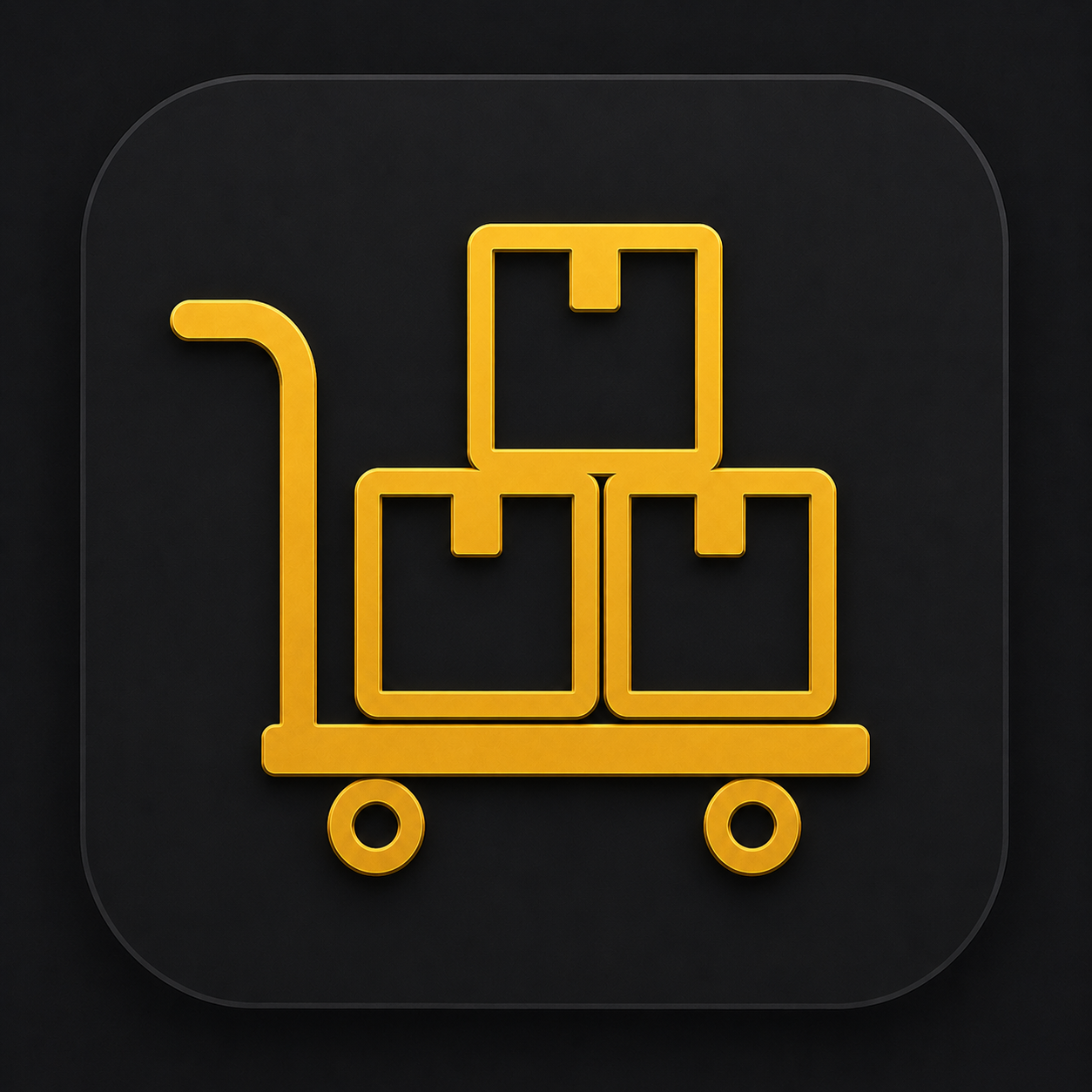 Golden line drawing of a hand truck with three stacked boxes on a dark background.