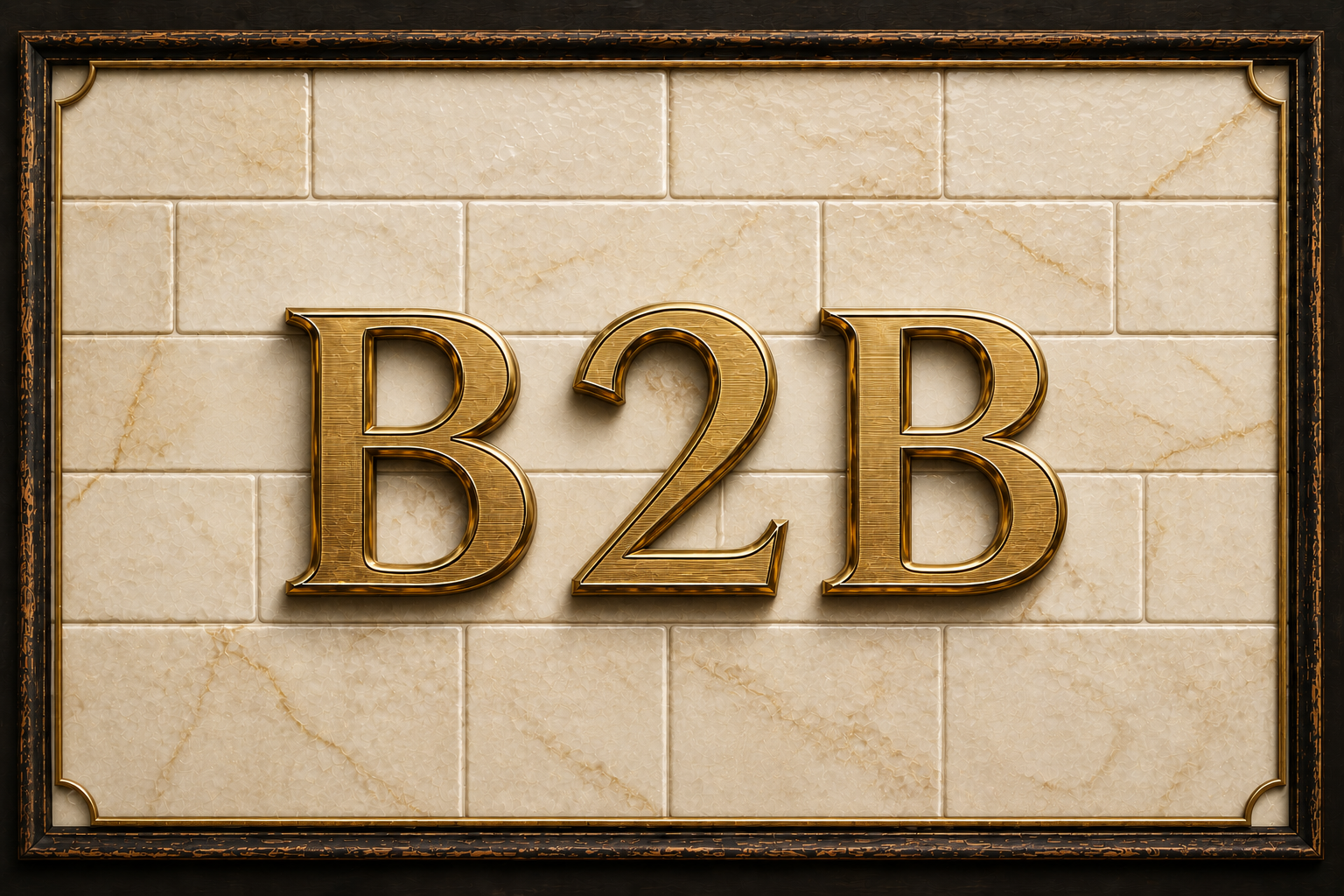 Sign with gold lettering reading 'B2B' on a cream tiled background with a dark wood frame