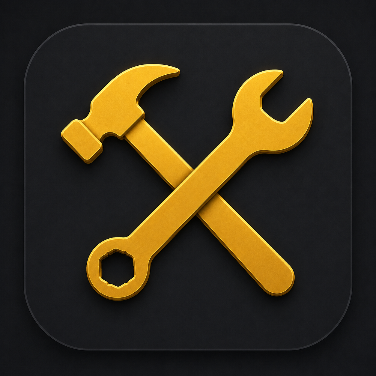 Yellow hammer and wrench crossed over each other on a black background.