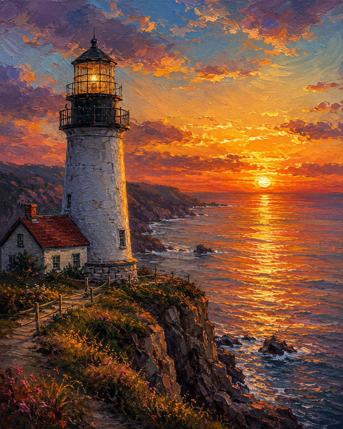Painting of a lighthouse on a rocky coast during a vibrant sunset with colorful sky and ocean reflections.