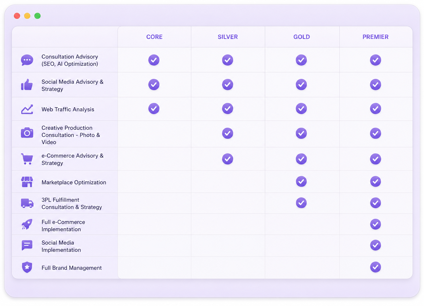 Comparison chart of service packages labeled Core, Silver, Gold, and Premier, with various digital marketing services checked across columns.