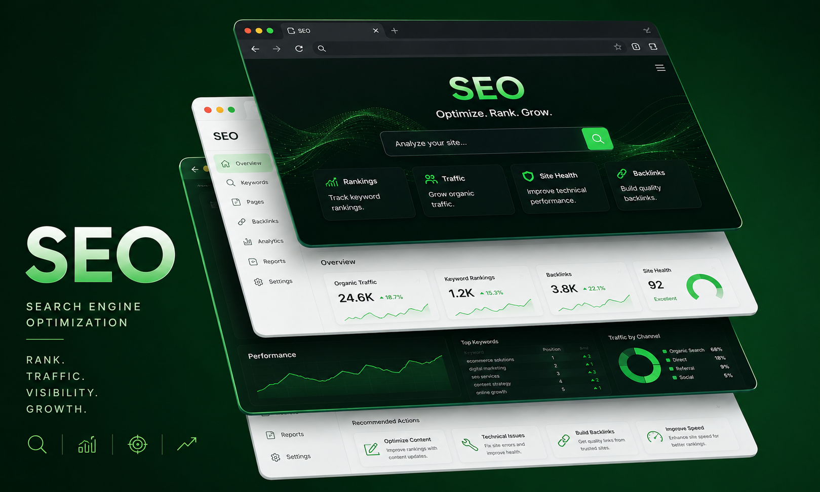 Digital illustration of a search engine optimization (SEO) dashboard interface showing various analytics, rankings, traffic, backlinks, and performance metrics on a dark green background.