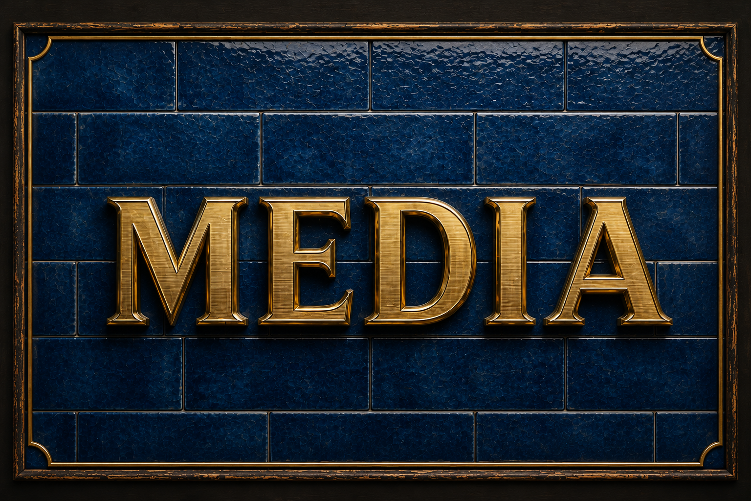 Gold letters spelling 'MEDIA' on a dark blue tiled background framed by a weathered black border.