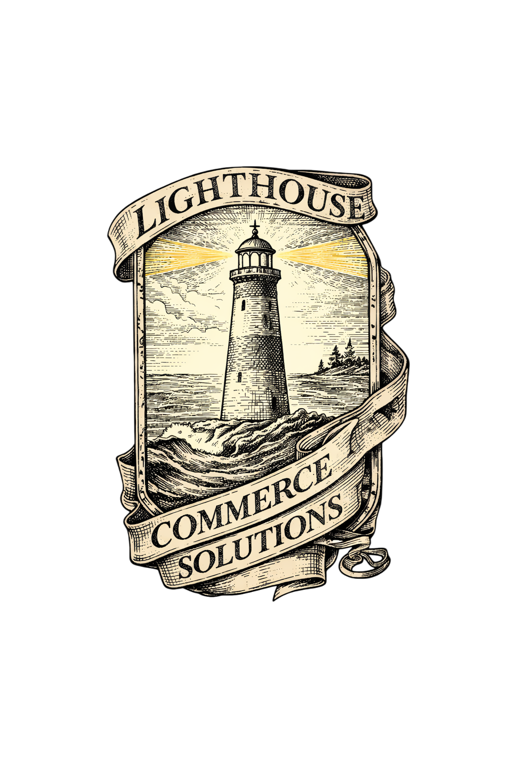 A logo featuring a lighthouse on a rocky coast with the words "Lighthouse" at the top and "Solutions" at the bottom, against a background divided into black and yellow halves.