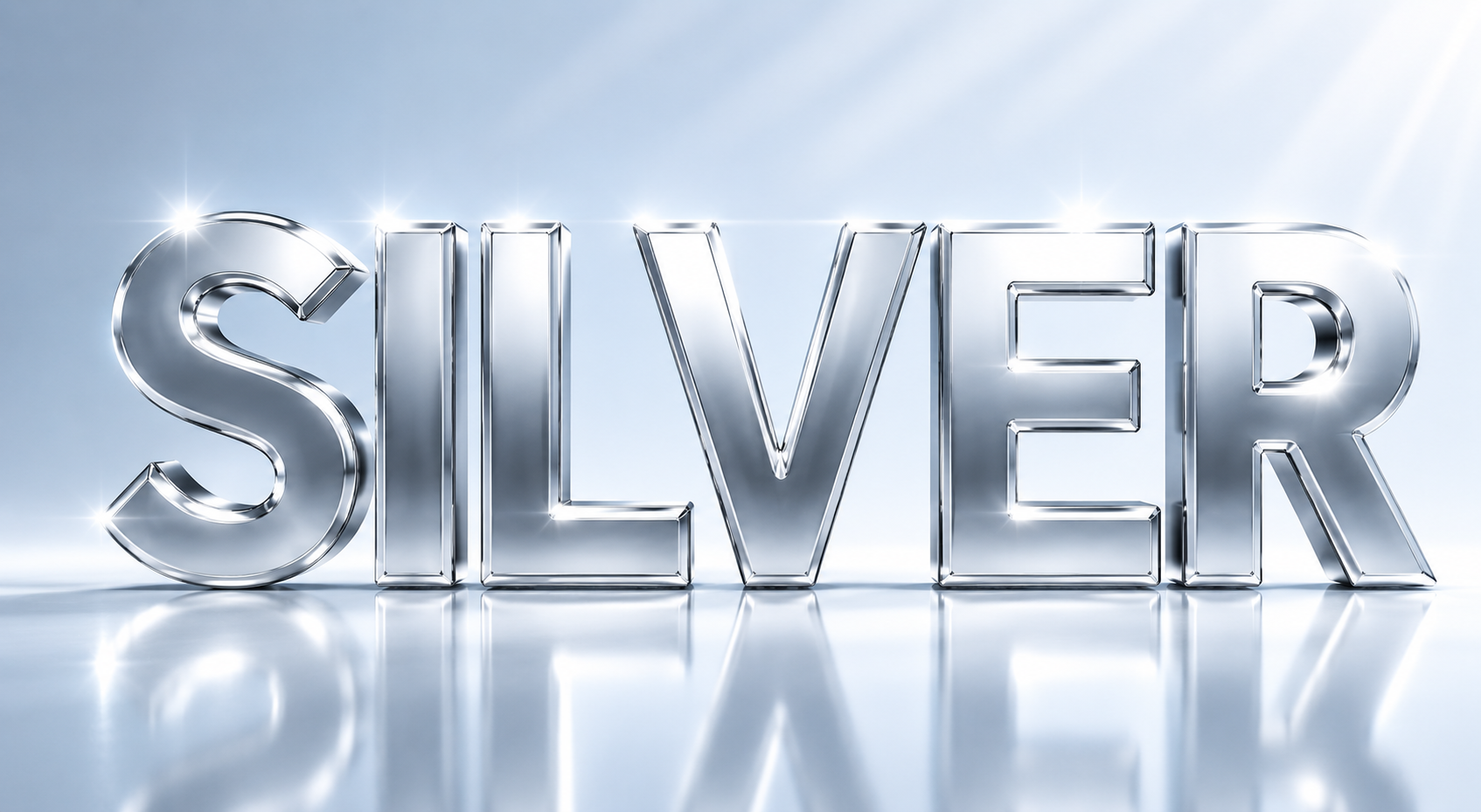 Silver 3D text spelling 'SILVER' on a reflective surface with a light blue background and lens flare effects.
