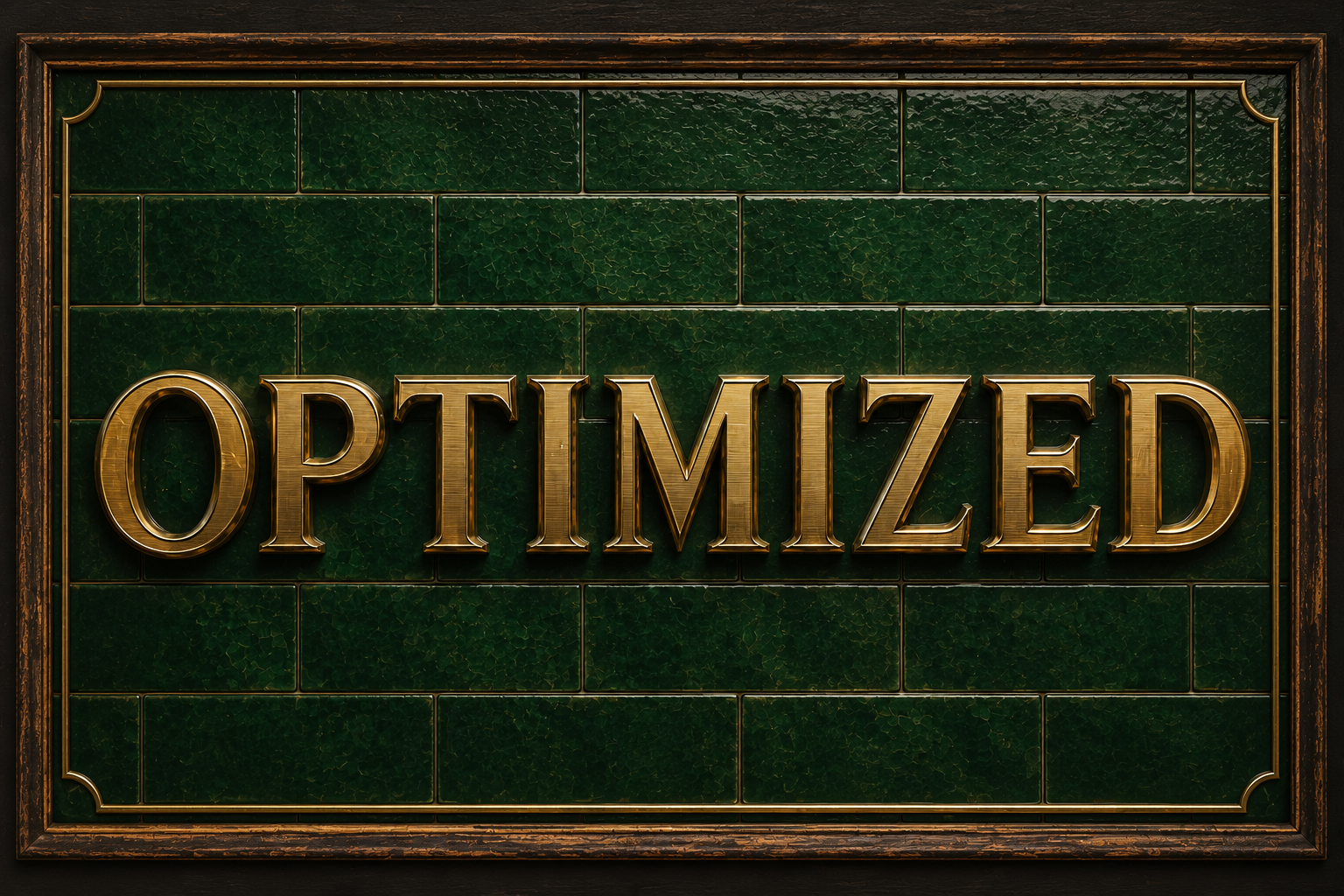 A sign with gold lettering that says 'OPTIMIZED' against a dark green tiled background.