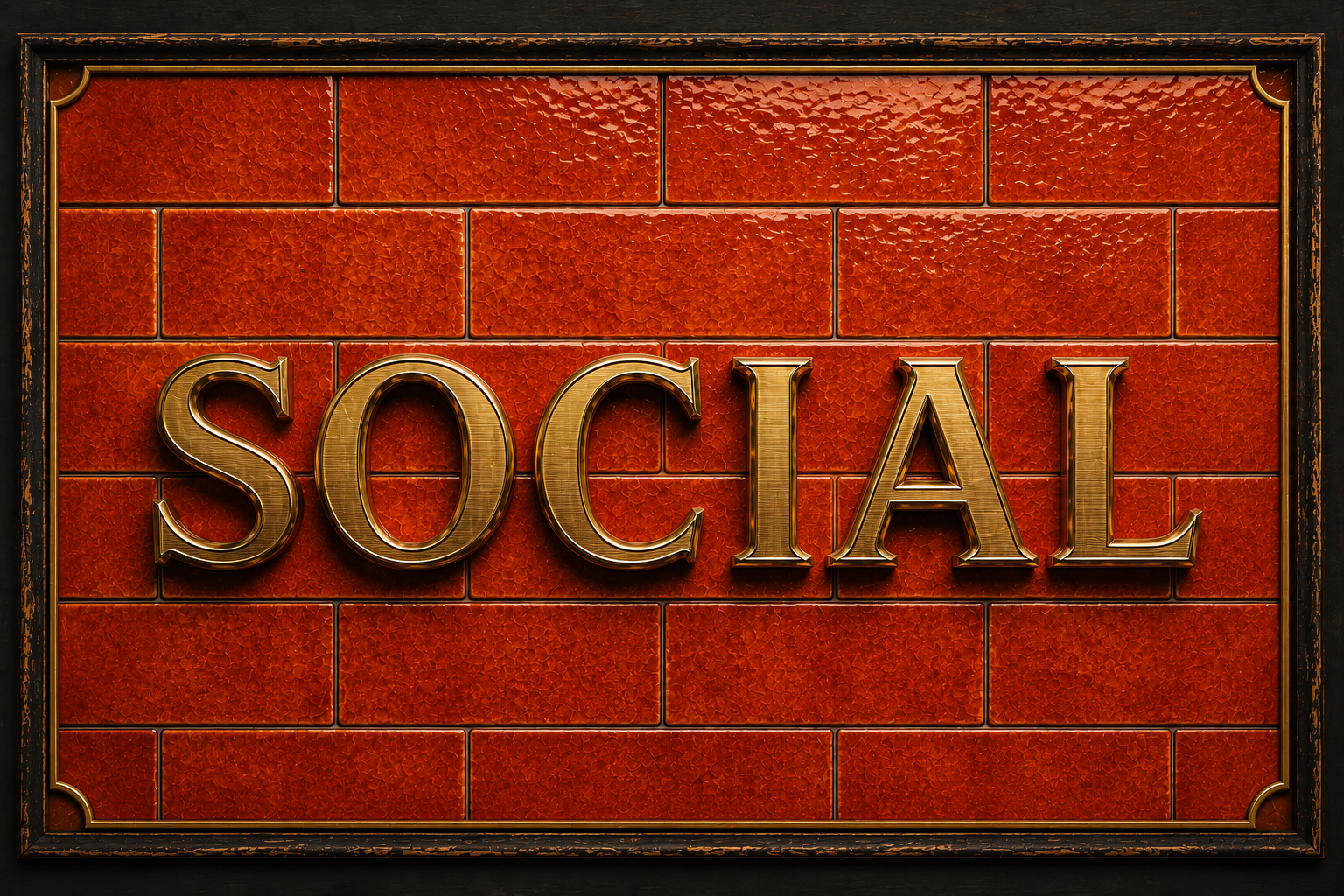 Sign with the word 'SOCIAL' in gold letters on a red brick background.
