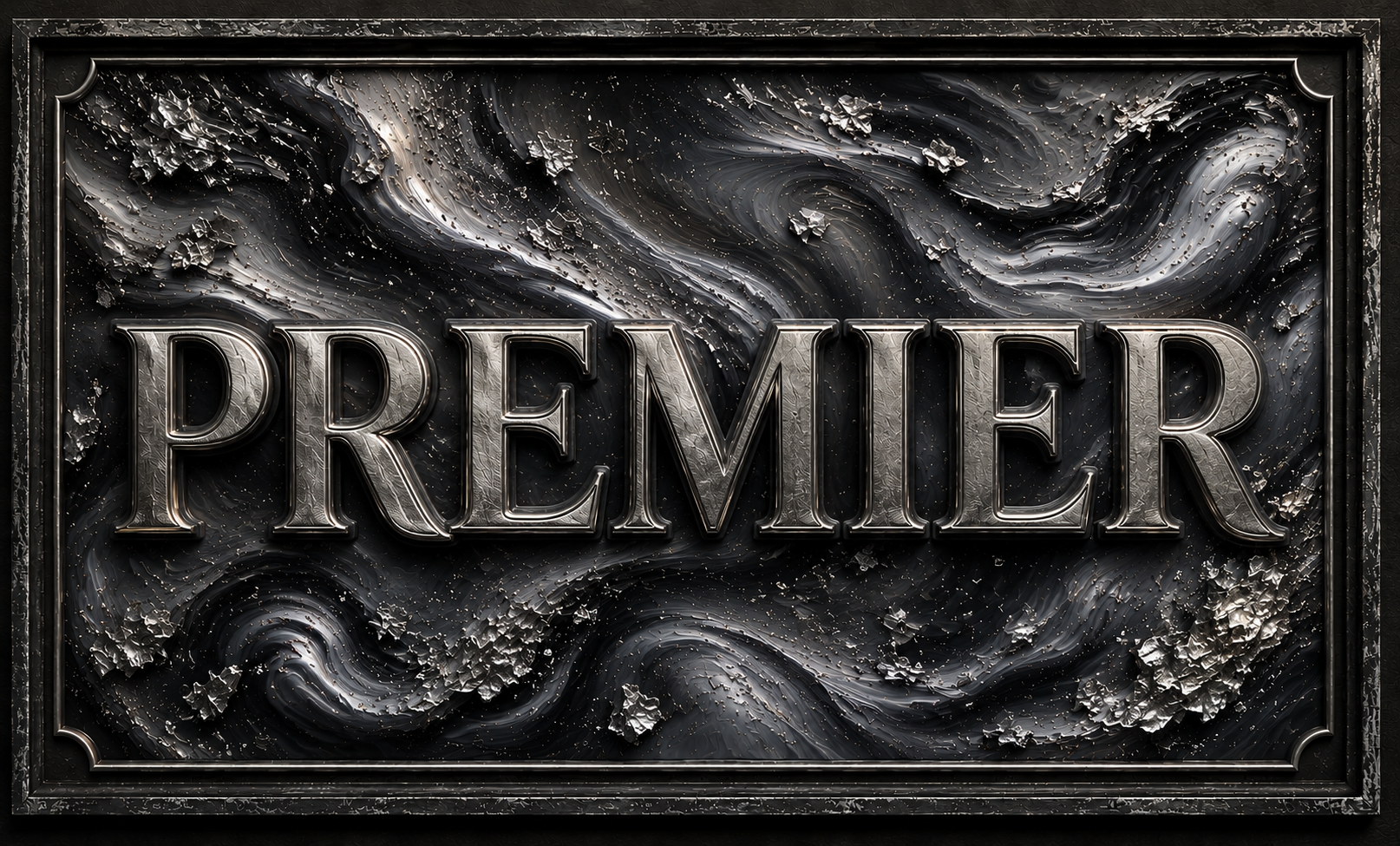 A decorative black and silver plaque with the word 'PREMIER' in metallic, textured letters, surrounded by swirling patterns and a detailed border.