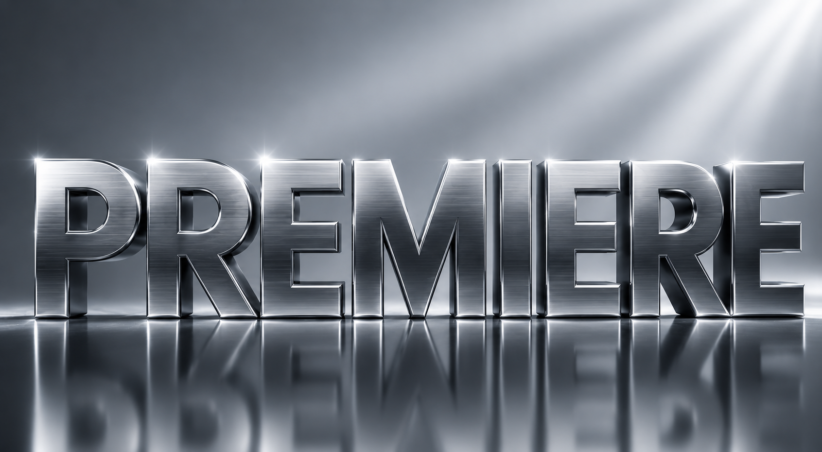 The word 'PREMIERE' in large, shiny metallic letters on a reflective surface with a dark, cloudy background and light rays shining from the top right.