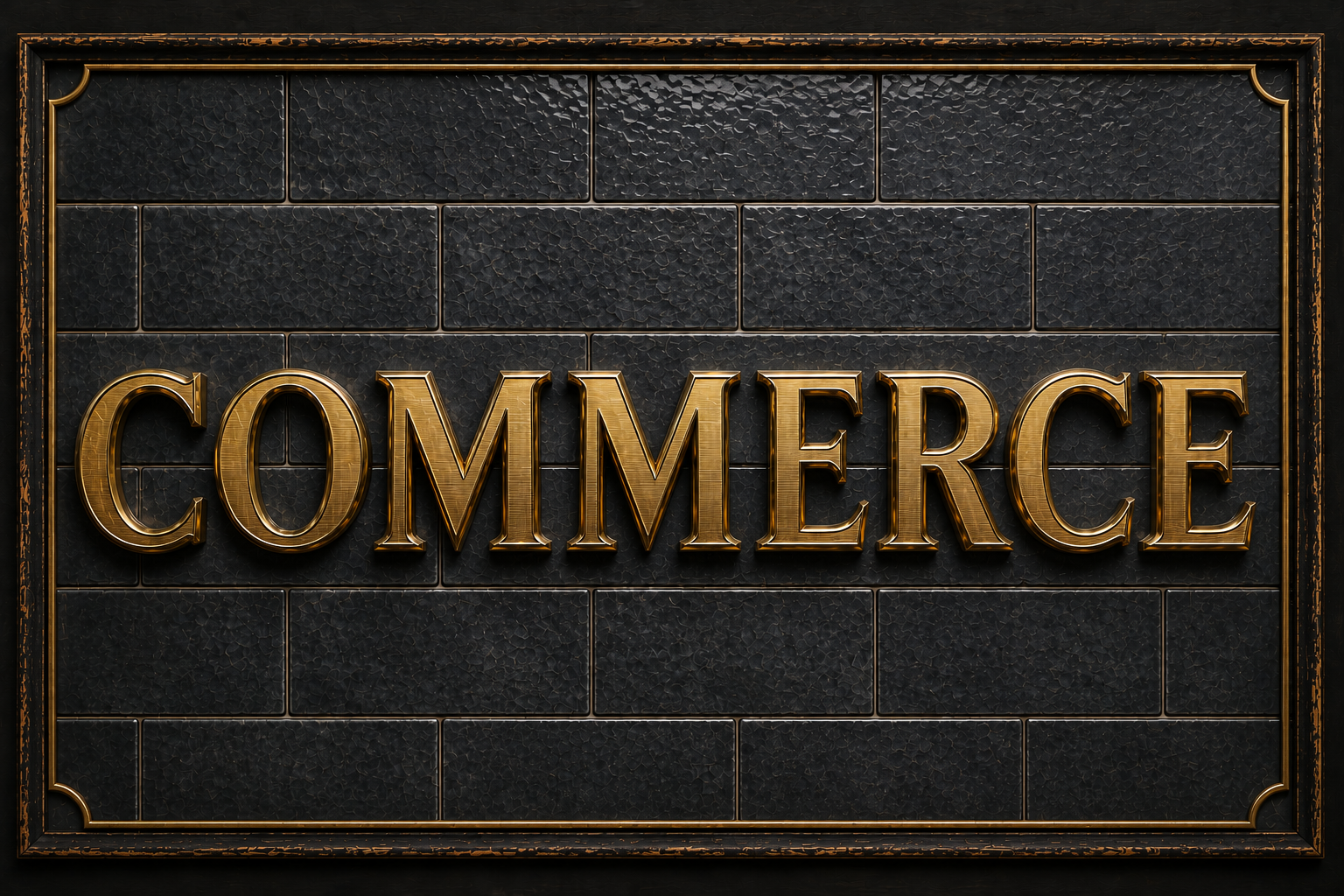 A decorative sign with the word 'COMMERCE' in large, gold, three-dimensional letters on a black brick background.
