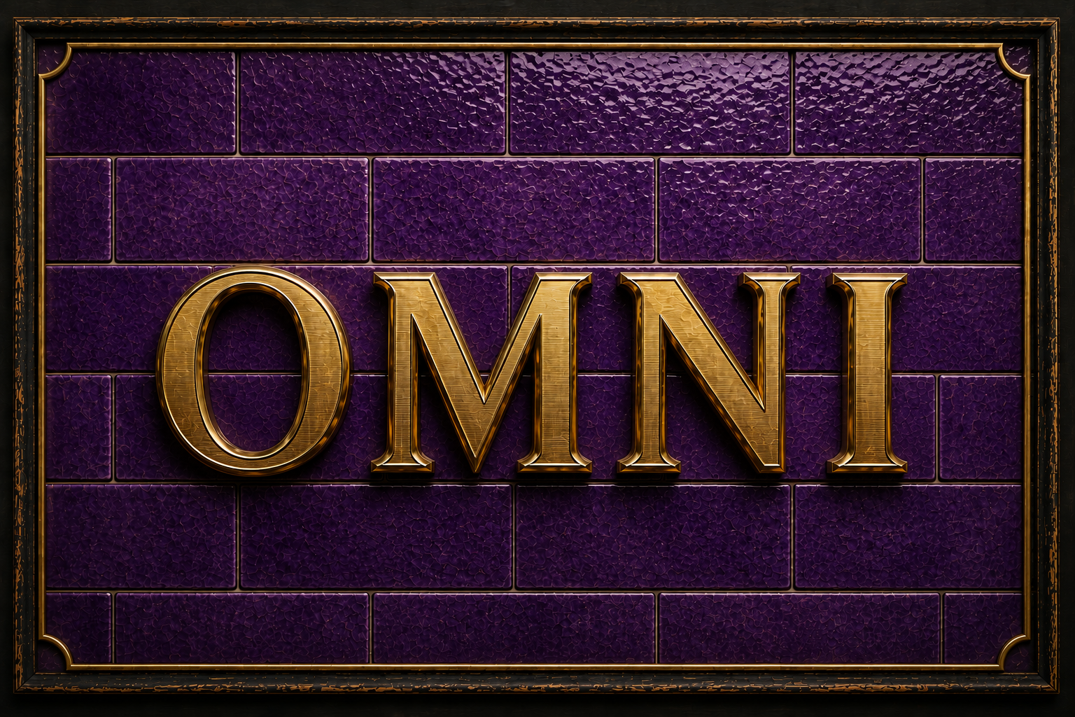 Golden letters spelling 'OMINI' on a purple tiled background framed with black and gold border.