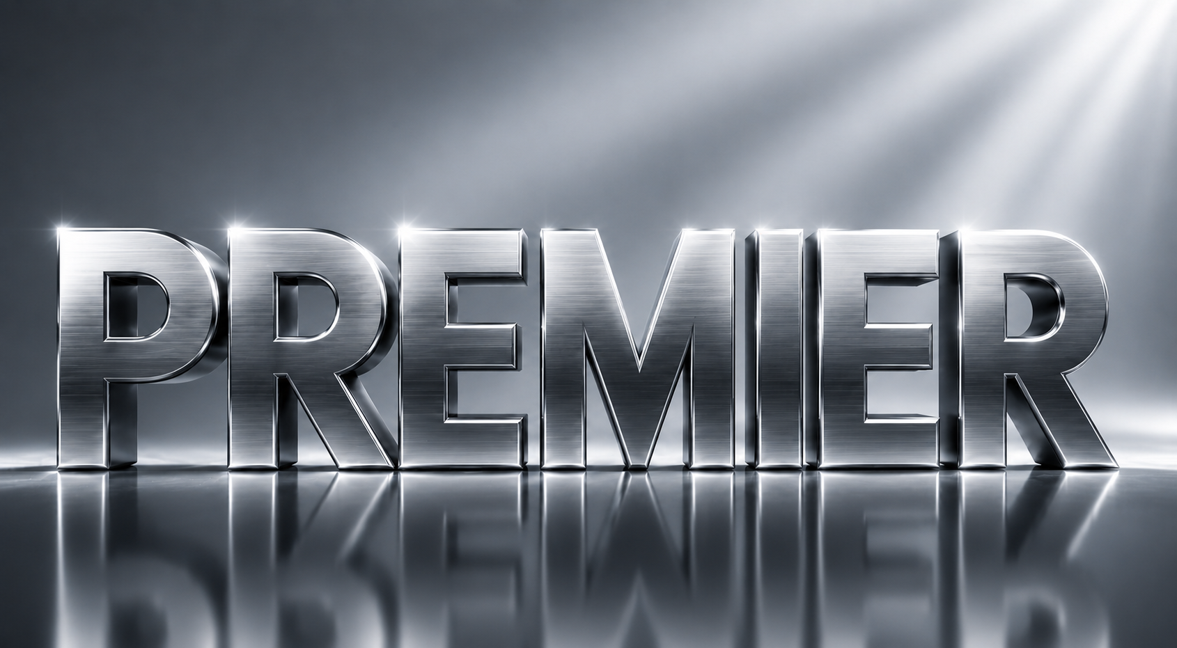 Metallic 3D text spelling 'PREMIER' with reflections on a dark, cloudy background and bright lights shining on the letters.