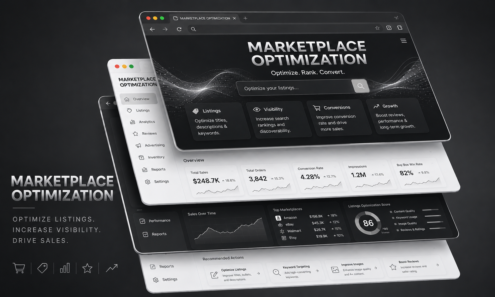 Digital screens displaying marketplace optimization dashboard with statistics, graphs, and menu options for improving search rankings, visibility, conversions, and growth.