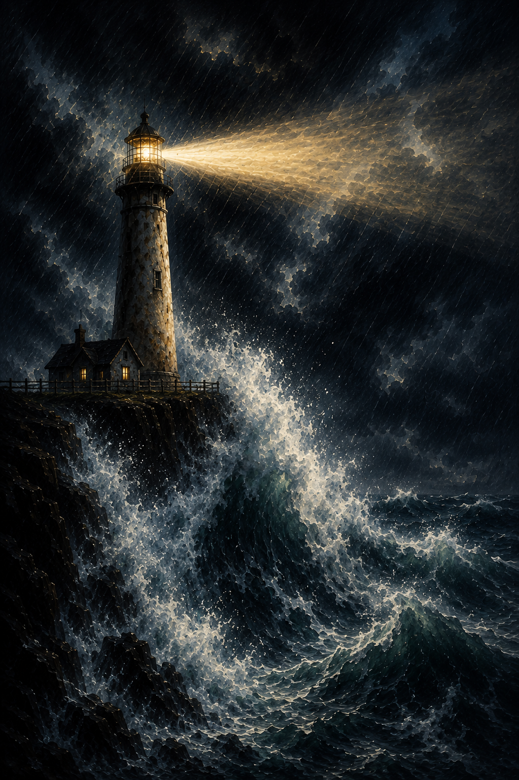 A lighthouse on a rocky cliff during a stormy night, with dark clouds and rain, as the lighthouse beam cuts through the stormy sky and crashing waves below.