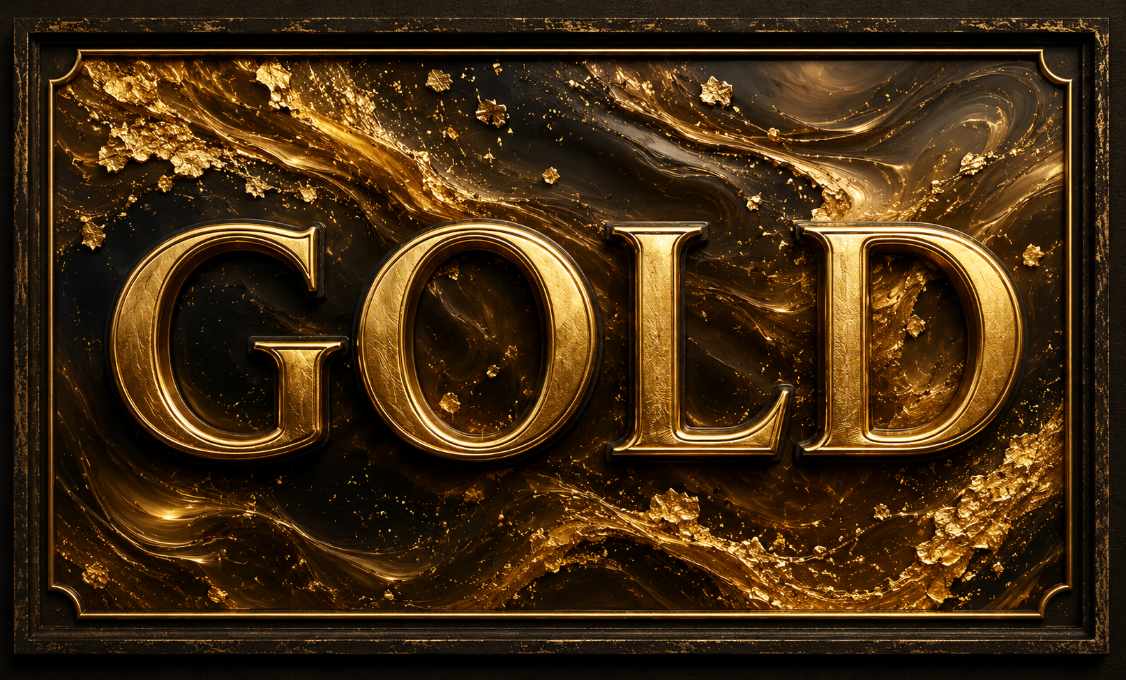 Golden text spelling 'GOLD' against a dark background with swirling gold and black marbled patterns and gold leaf accents.