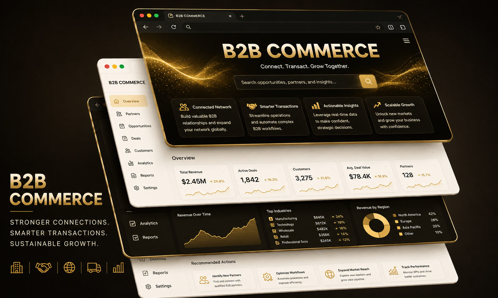 Multiple overlapping screens showing B2B commerce dashboards with analytics, revenue, and industry data, featuring black and gold color schemes.