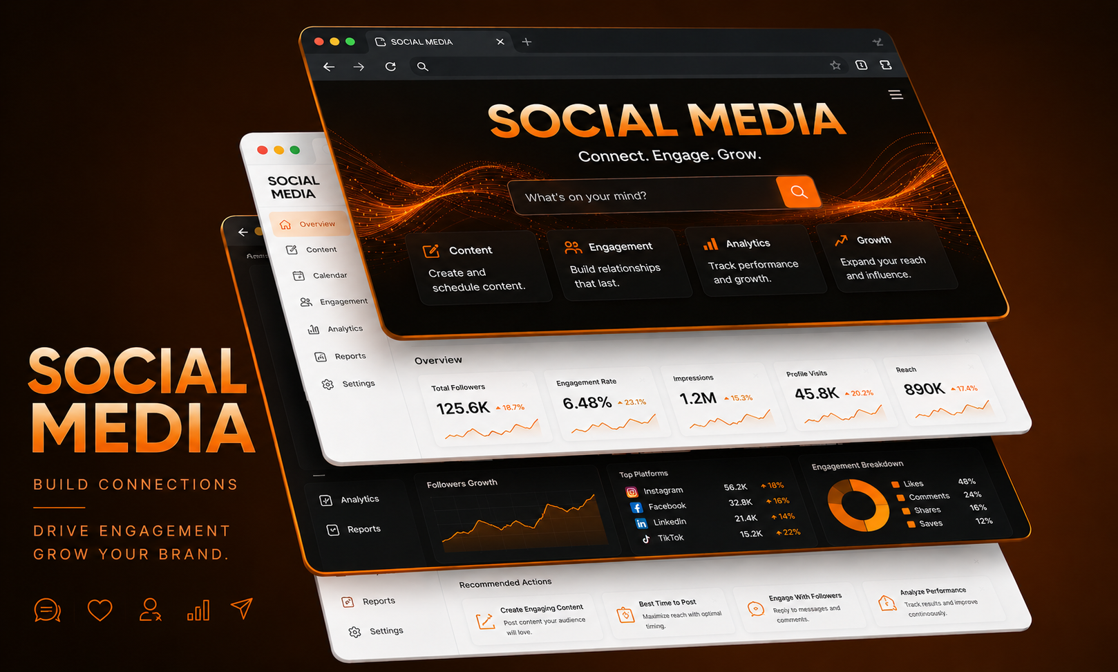 Digital graphic interface showing social media management dashboard with analytics, engagement, and growth metrics on dark background.