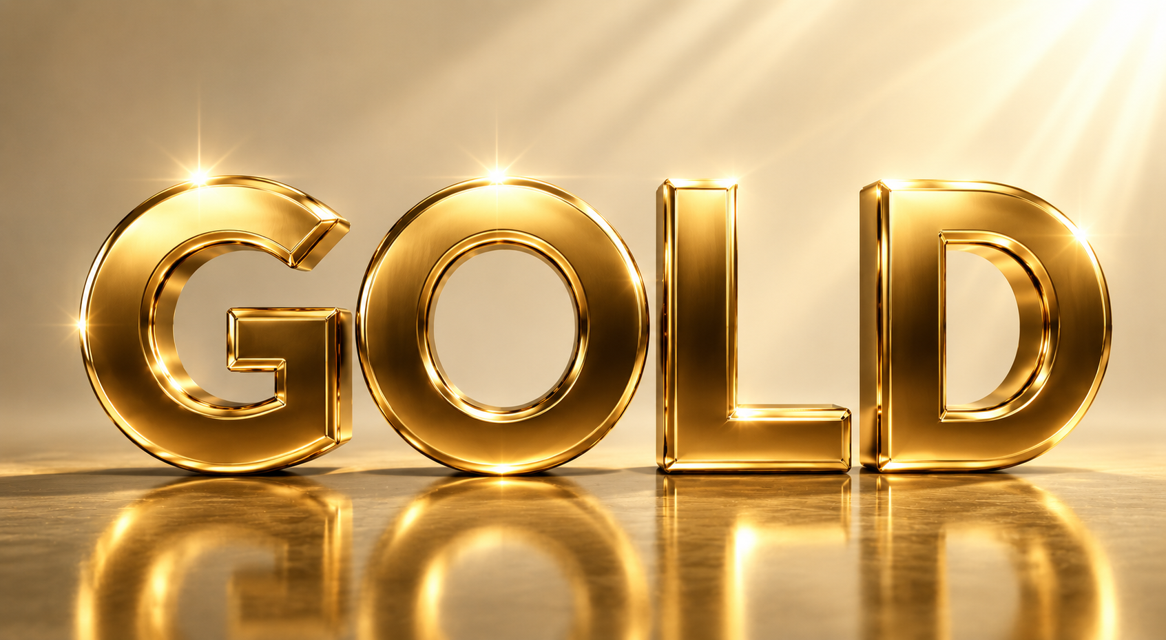 Golden 3D text spelling 'GOLD' with reflective surface and a bright, glowing background.