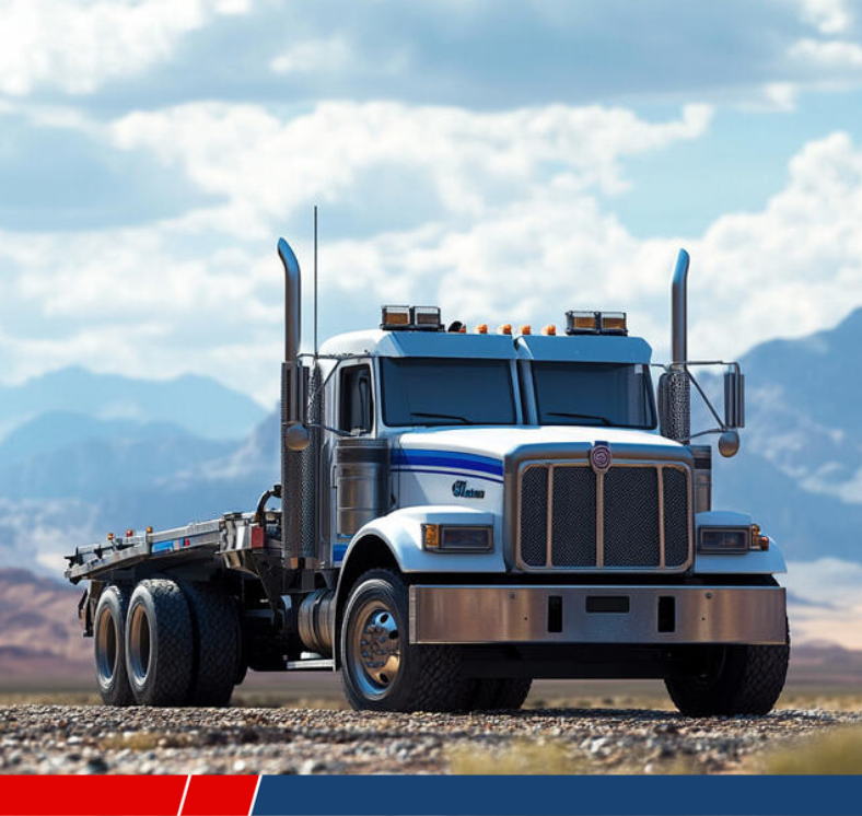 Front view of a large white semi-truck with a flatbed trailer, set against a mountainous landscape and partly cloudy sky.