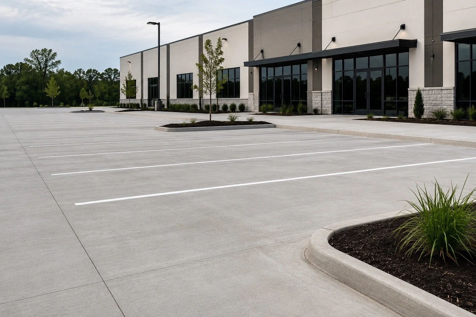 Empty parking lot outside a modern commercial building with landscaped areas. commercial construction concrete pour