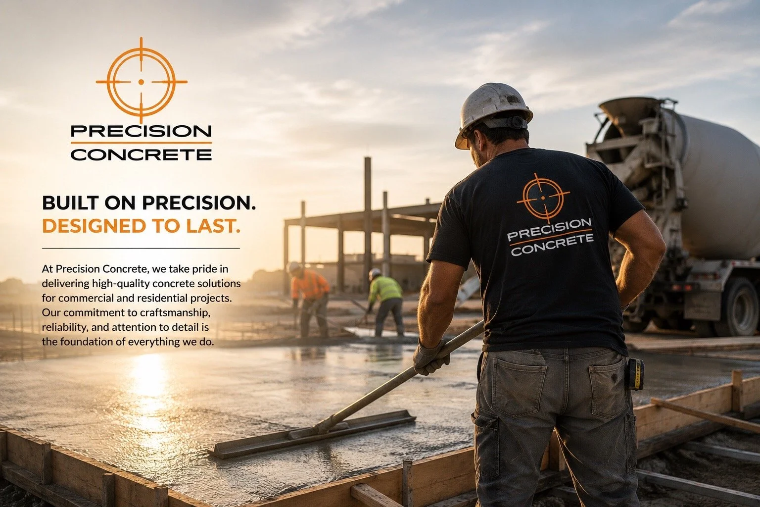 A construction worker in a black Precise Concrete branded T-shirt and a safety helmet is smoothing freshly poured concrete on a building site at sunset, with other workers and a cement mixer in the background. flatwork construction Austin