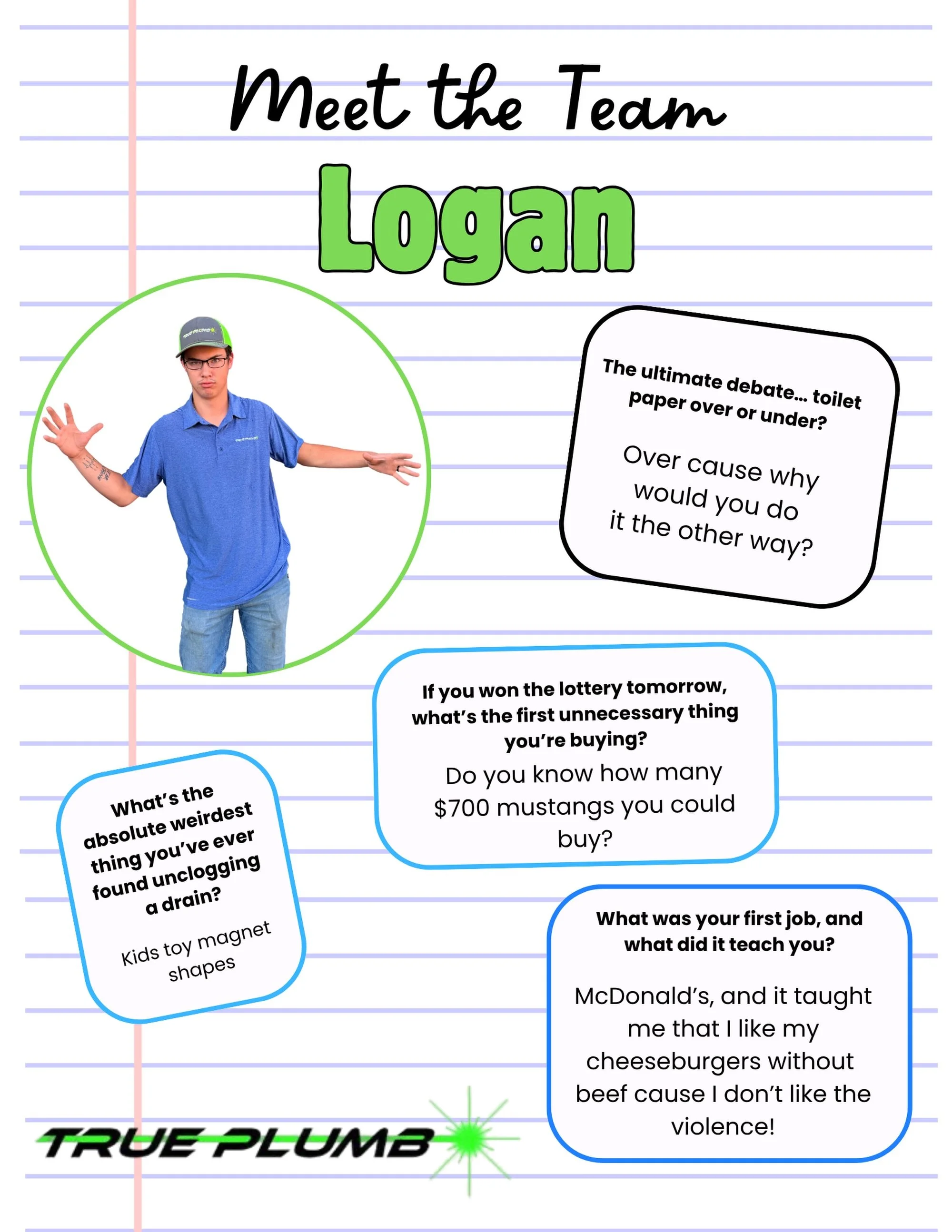 Next up in our Employee Spotlight series is our apprentice, Logan! 🌟

Logan is hard at work learning the trade and helping us deliver top-tier service to our community. We&rsquo;re so glad to have him on the True Plumb team.

Get to know what kind o