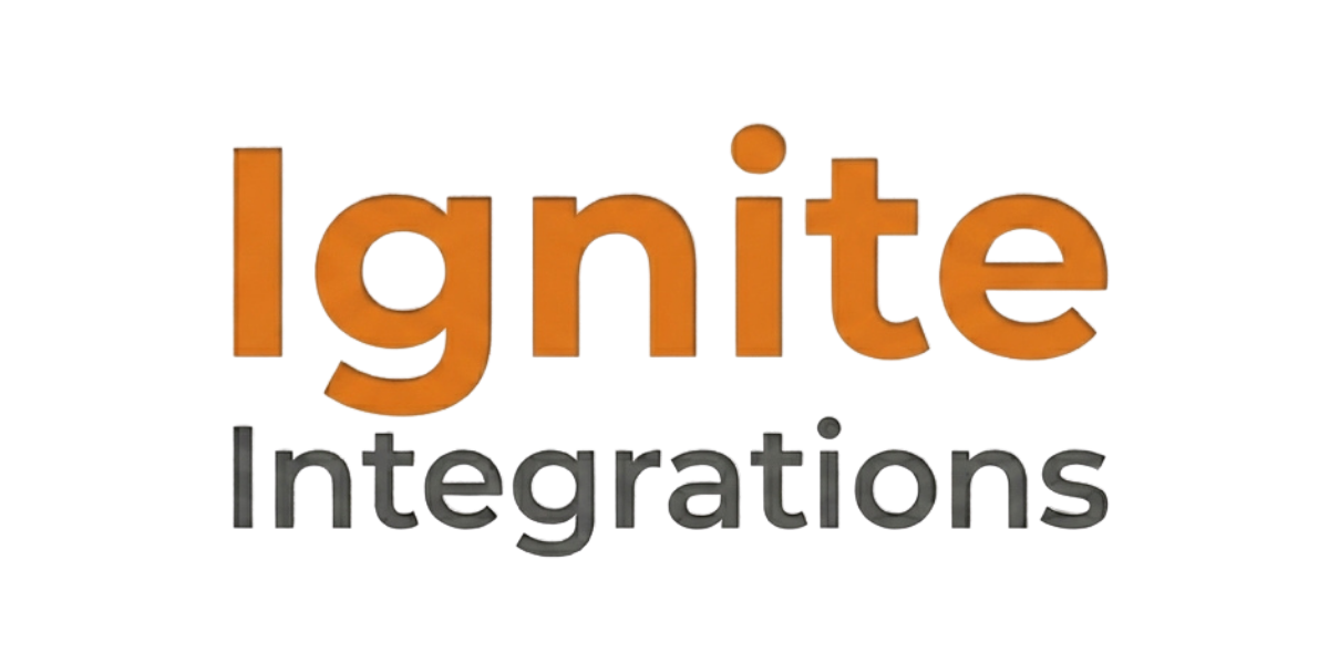 Logo for Ignite Integrations with the words Ignite in large orange letters and Integrations in smaller black letters underneath.