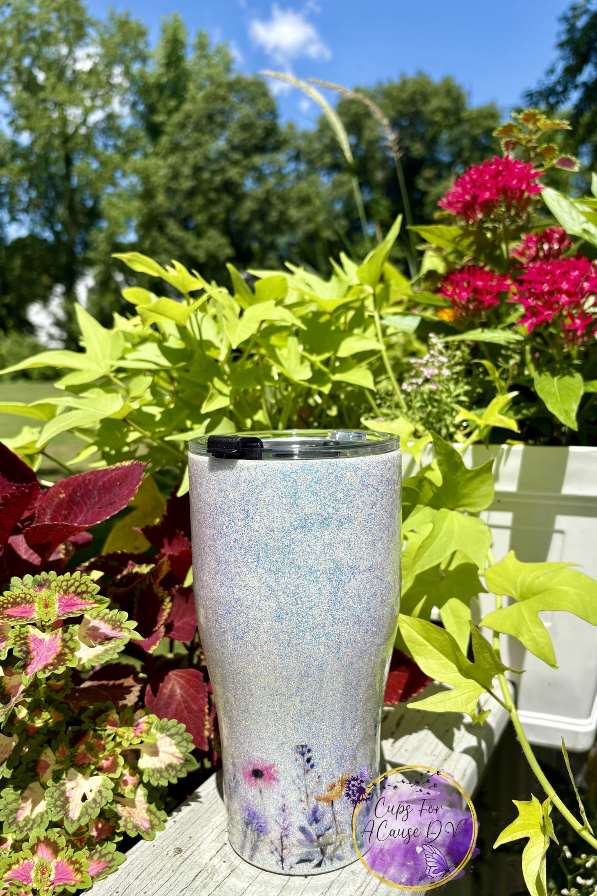 Light pink purple and yellow flowers coffee coozie